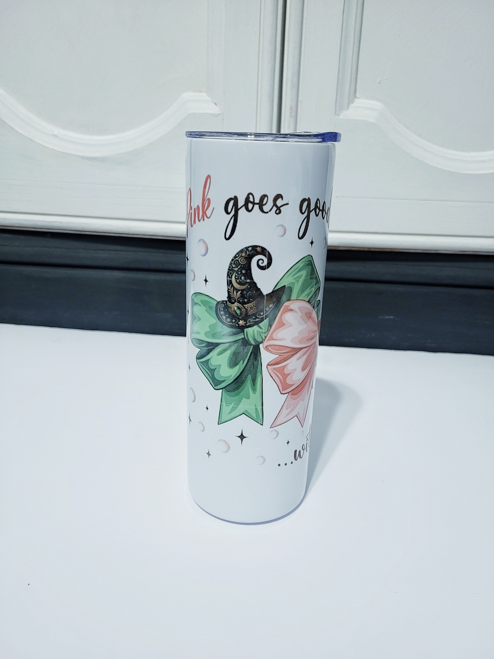Wicked Tumbler with Green and Pink Ribbon Design
